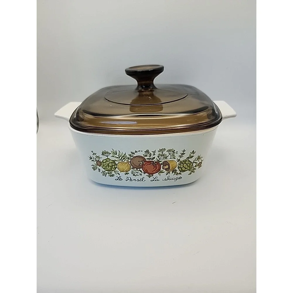 Vintage Spice Of Life Corning Ware Casserole Dish, Amber Lid. No Cracks Or Chips